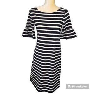 J Crew Dress  Size XS Black & White Stripe Bell Sleeve Shift teacher office Work